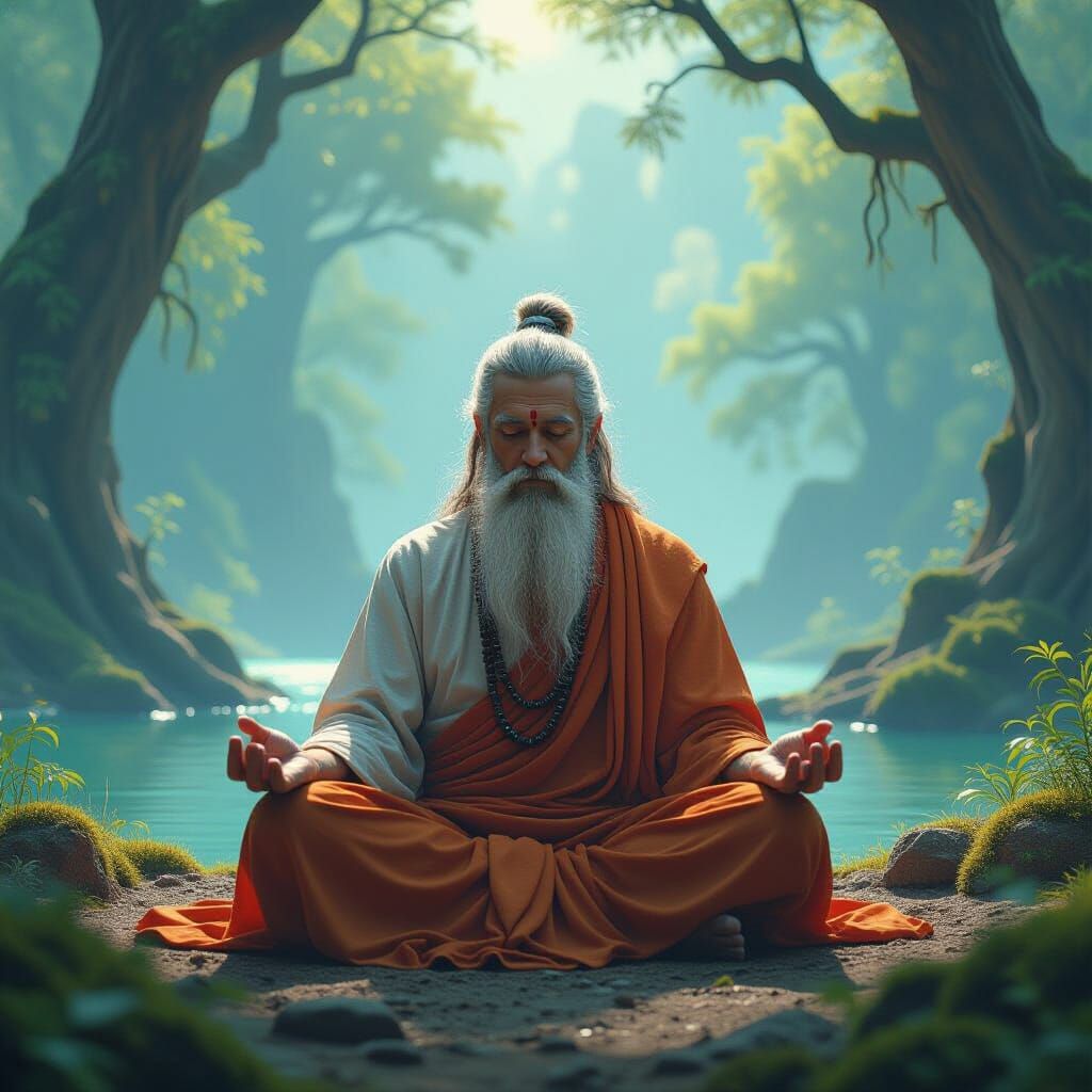 Wise Man Meditating in Nature: Beksiński Style