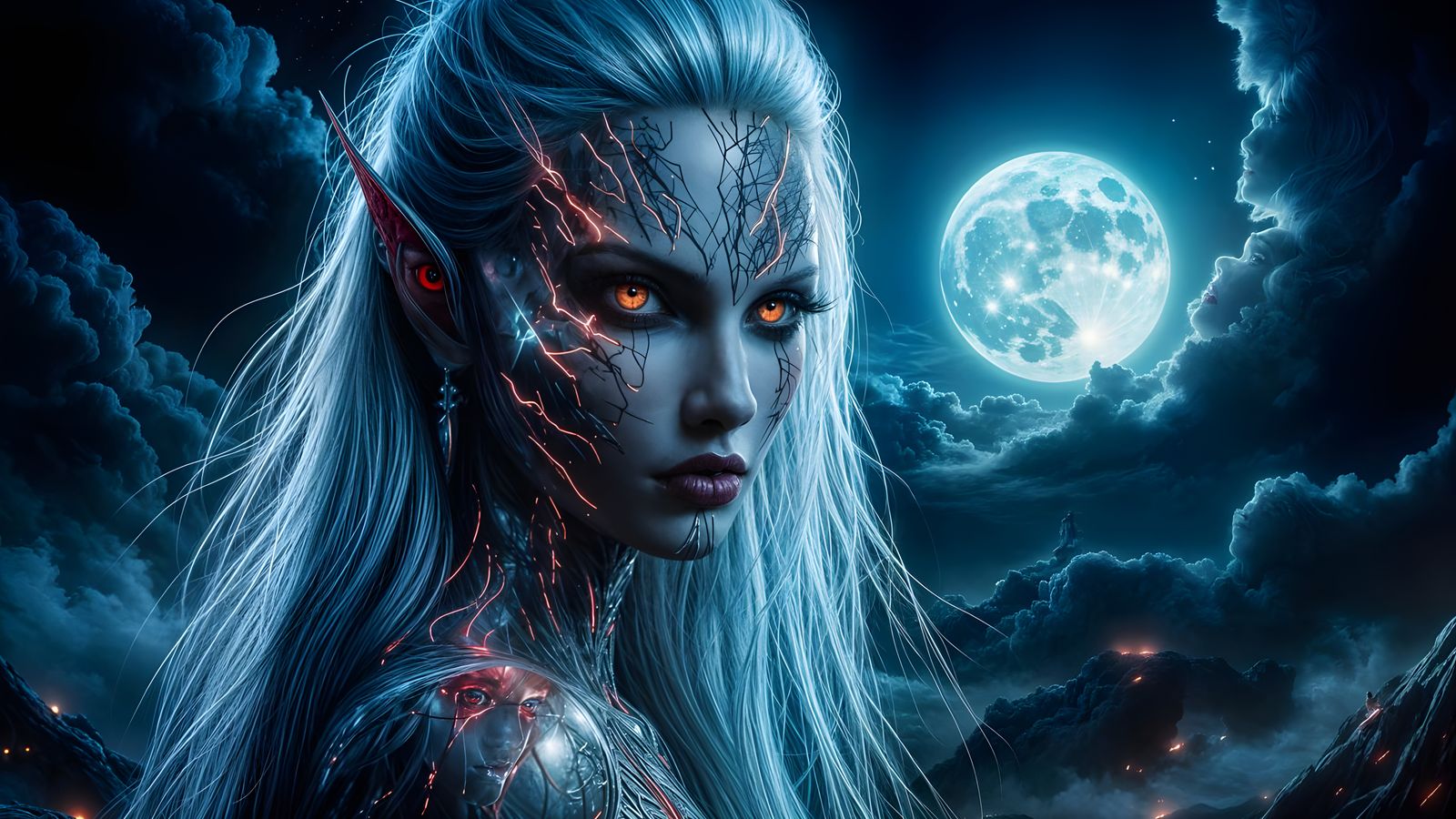 Mysterious Elf Woman Under Dark Blue Moonlight