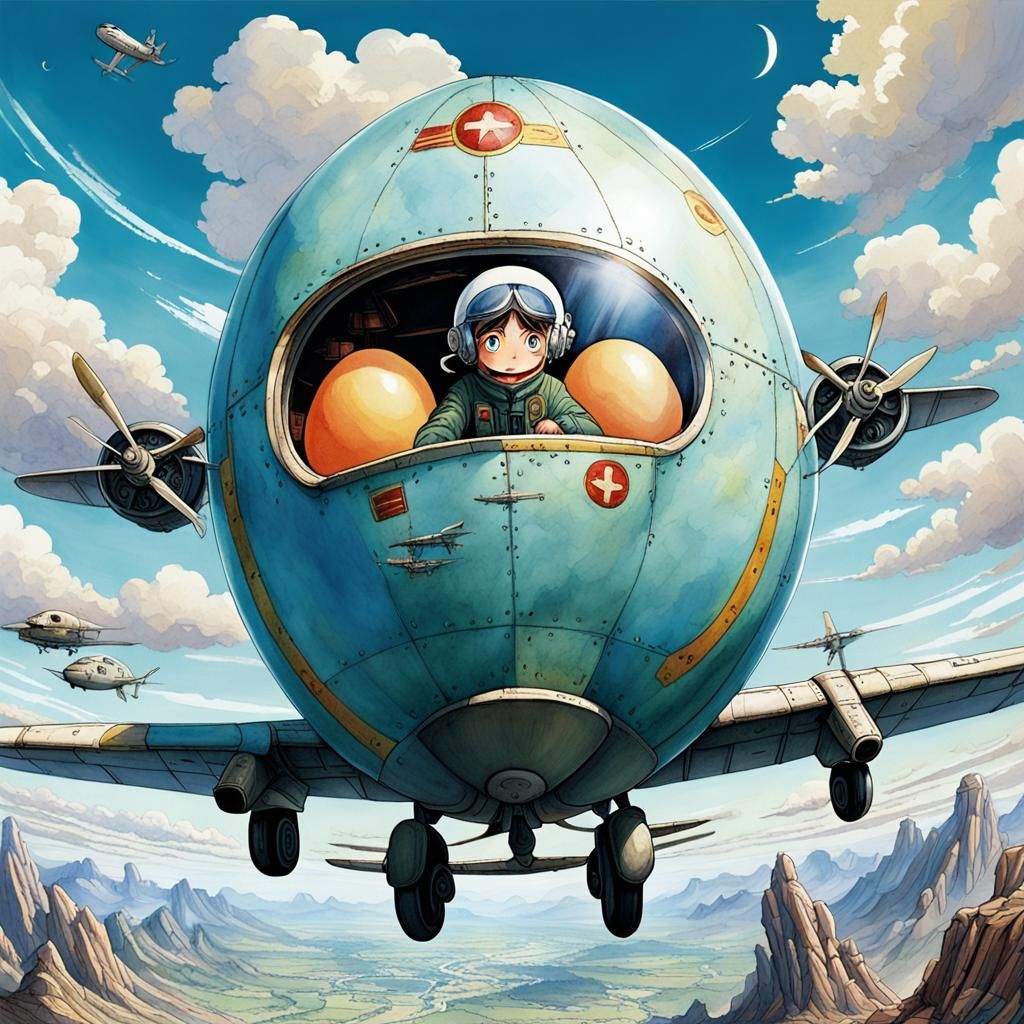 Anime Egg Airplane with Pin-Up Pilot: Studio Ghibli Style