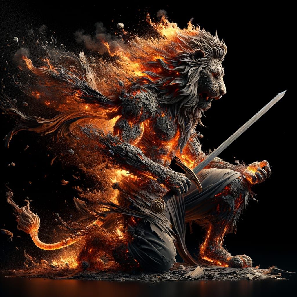 lion god of fire disintegrating form kneeling holding sword with one arm, the penitent barbarian, hyperrealistic crackin...