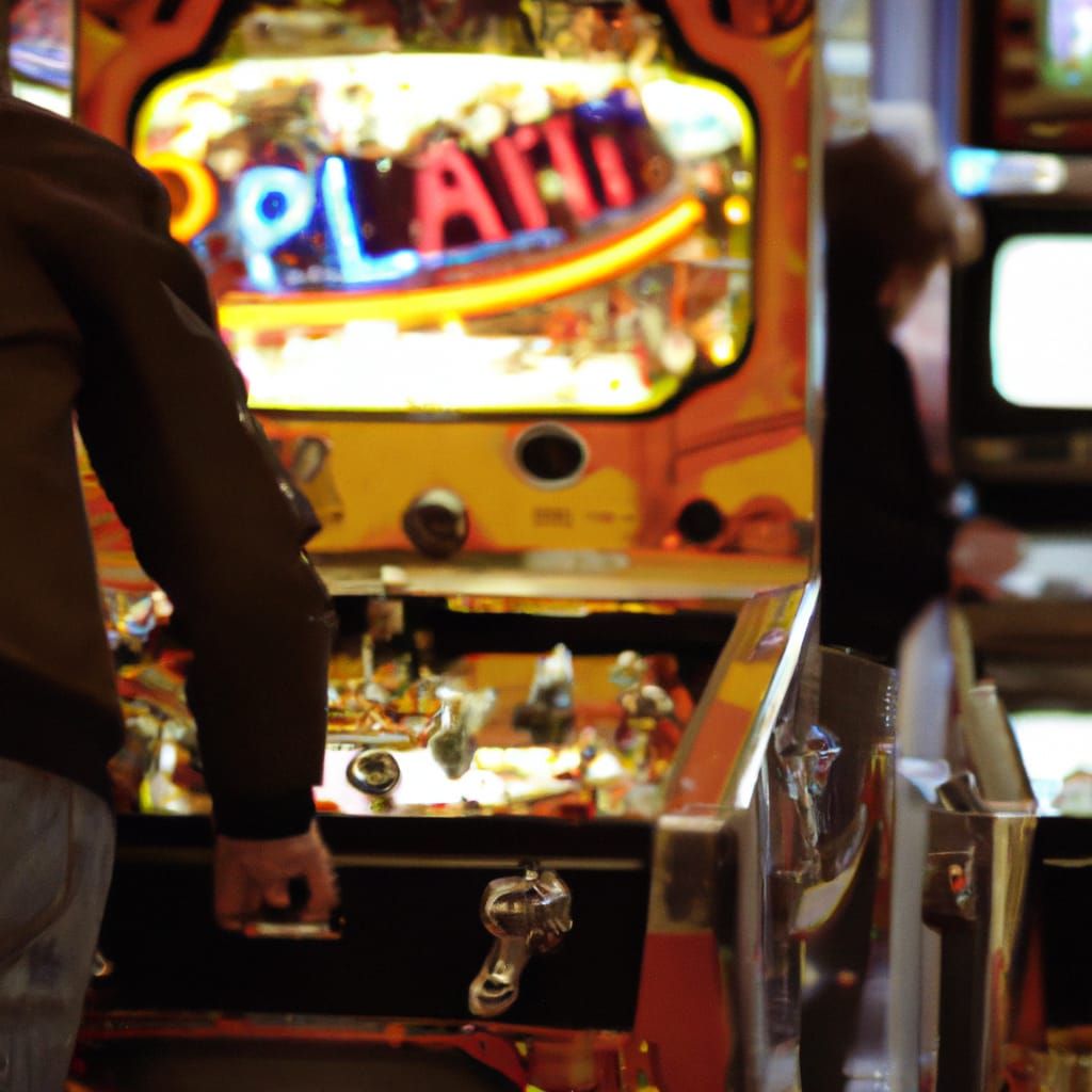 Teenager Playing Pinball in Retro Vorticism Arcade