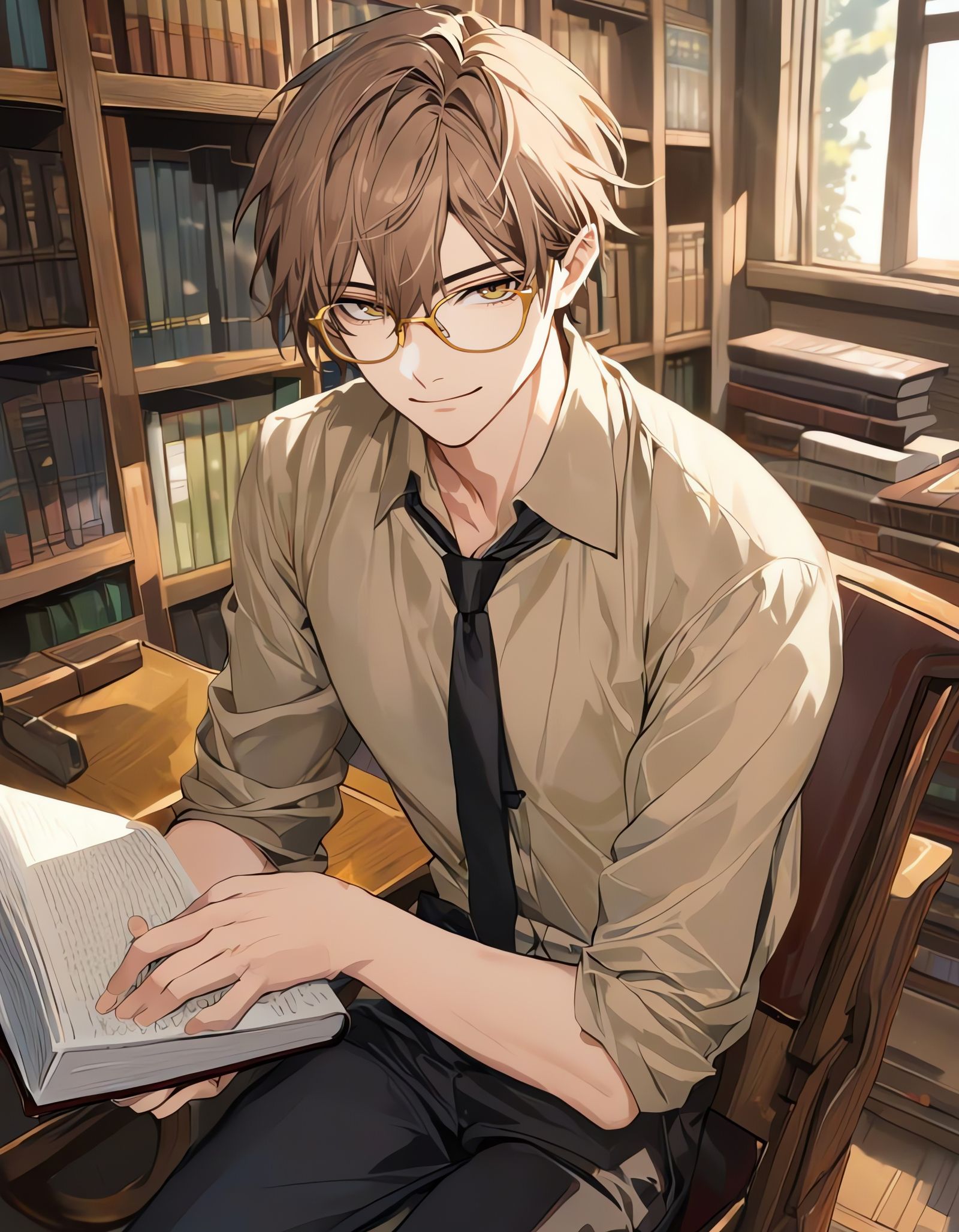 Bishounen Cowboy Reader in a Whimsical Library