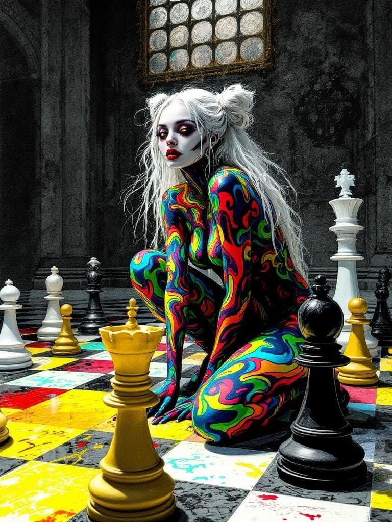 Gothic Rainbow Figure on Chessboard in Pen and Ink Style