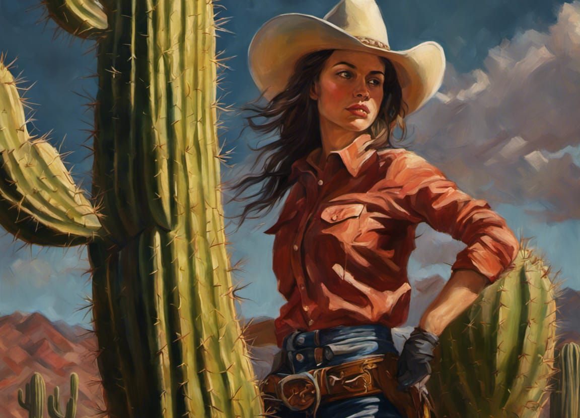Cowgirl Wrangling Cactus as Impasto Oil Painting