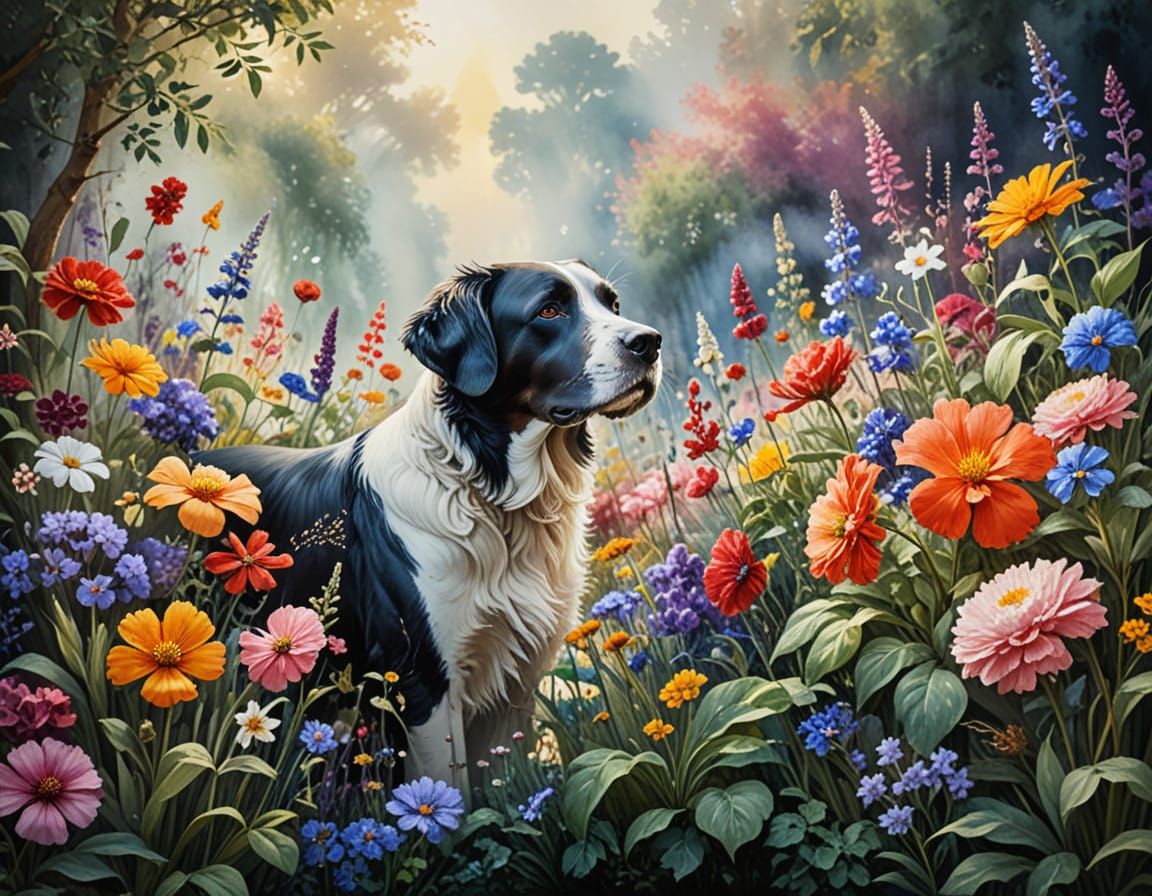 Romantic Watercolor Garden Scene in Hyperrealistic Style