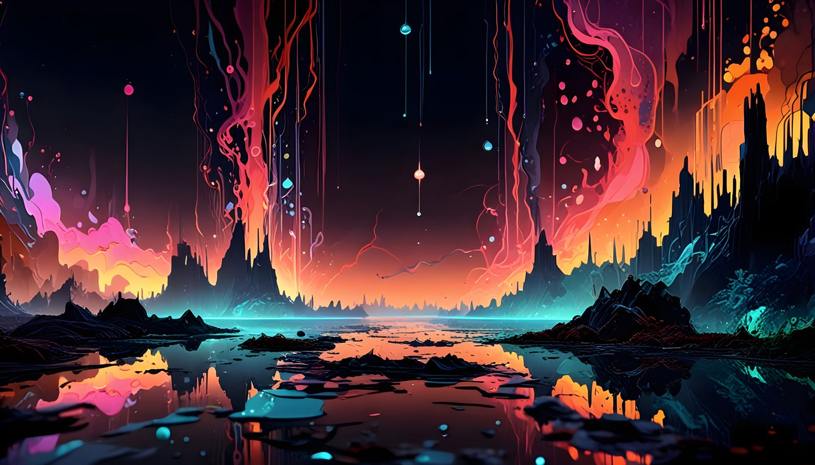 Bioluminescent Landscape with Abstract Art Deco Elements