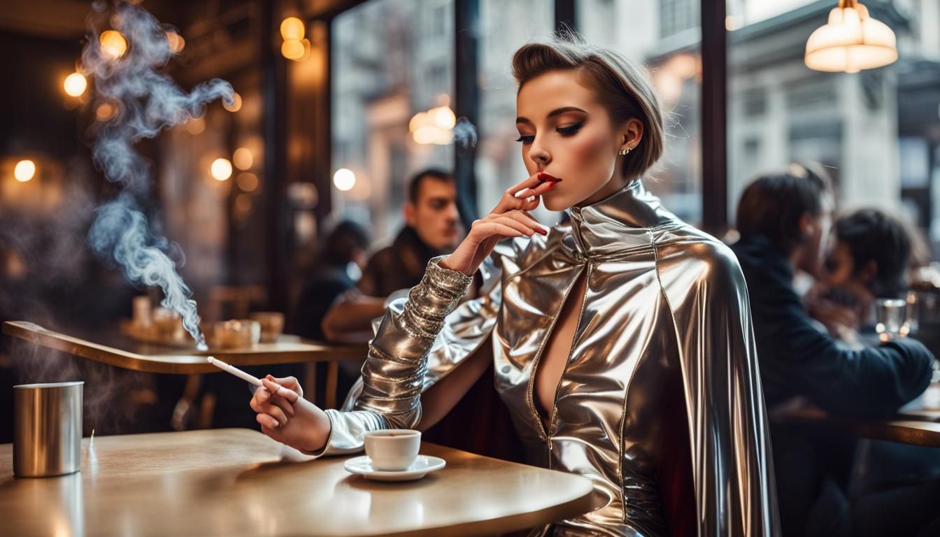 Woman Smoking at Cafe in Digital Art