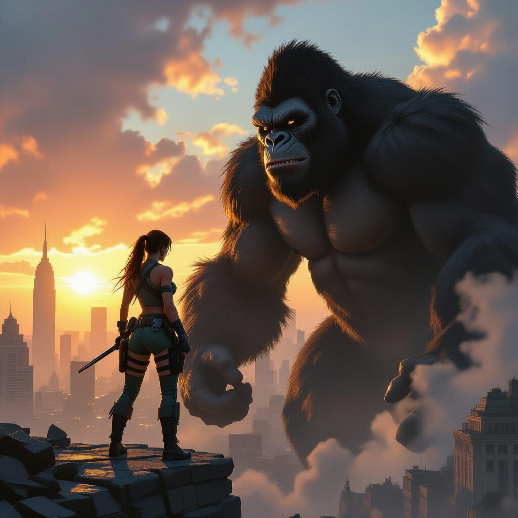Lara Croft and King Kong in Ruined City