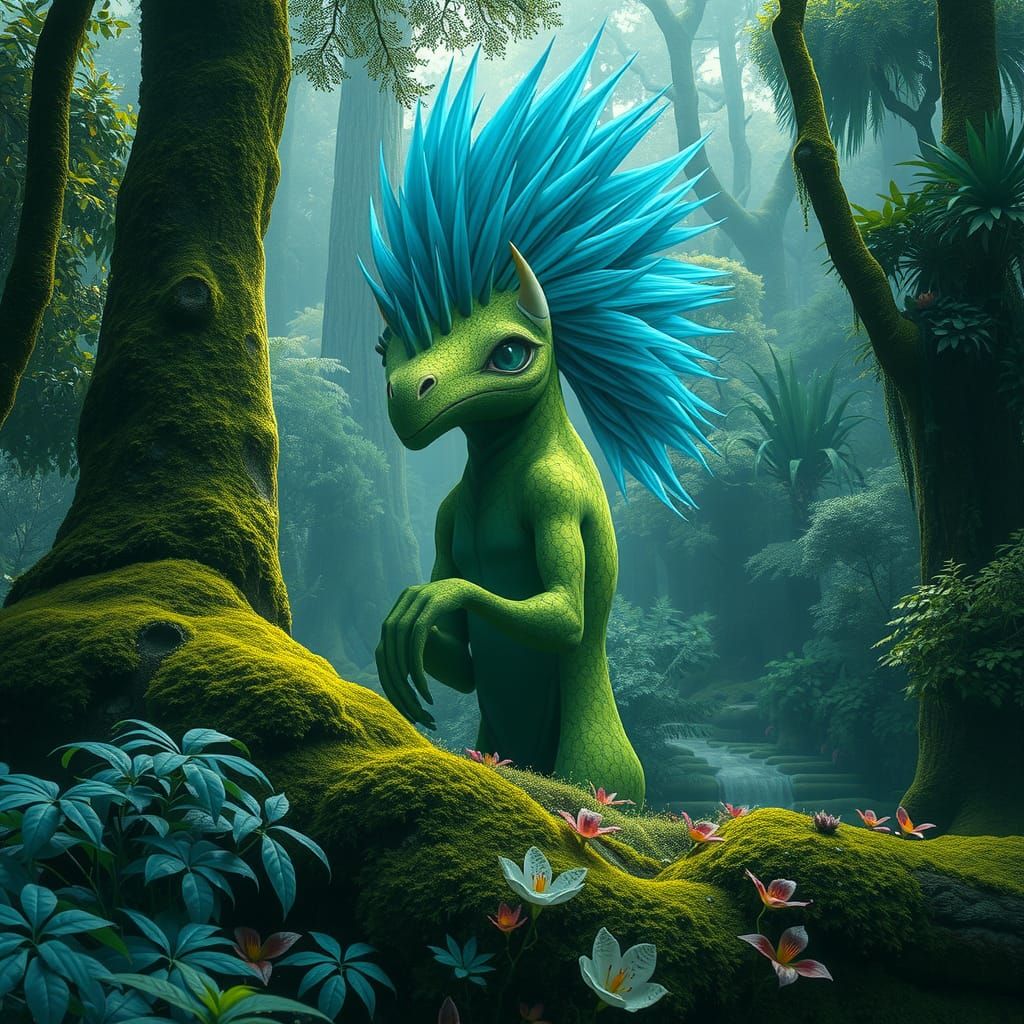 Mystical Green Grizzith with Blue Mohawk in Fantasy Art
