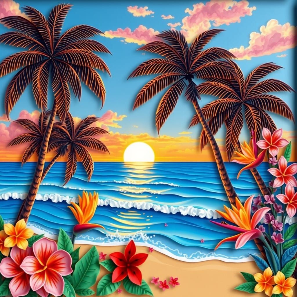 Serene Tropical Beach Scene in Photorealistic Quilling Colla...