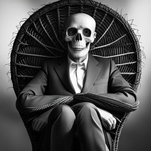 Grinning Grim Reaper in Wicker Chair