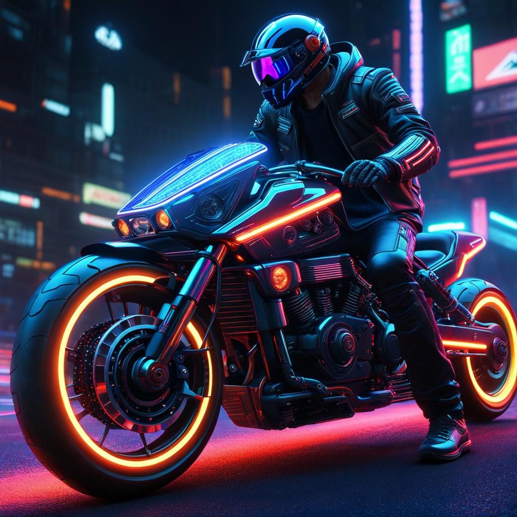 Cyberpunk Biker on Futuristic Motorcycle
