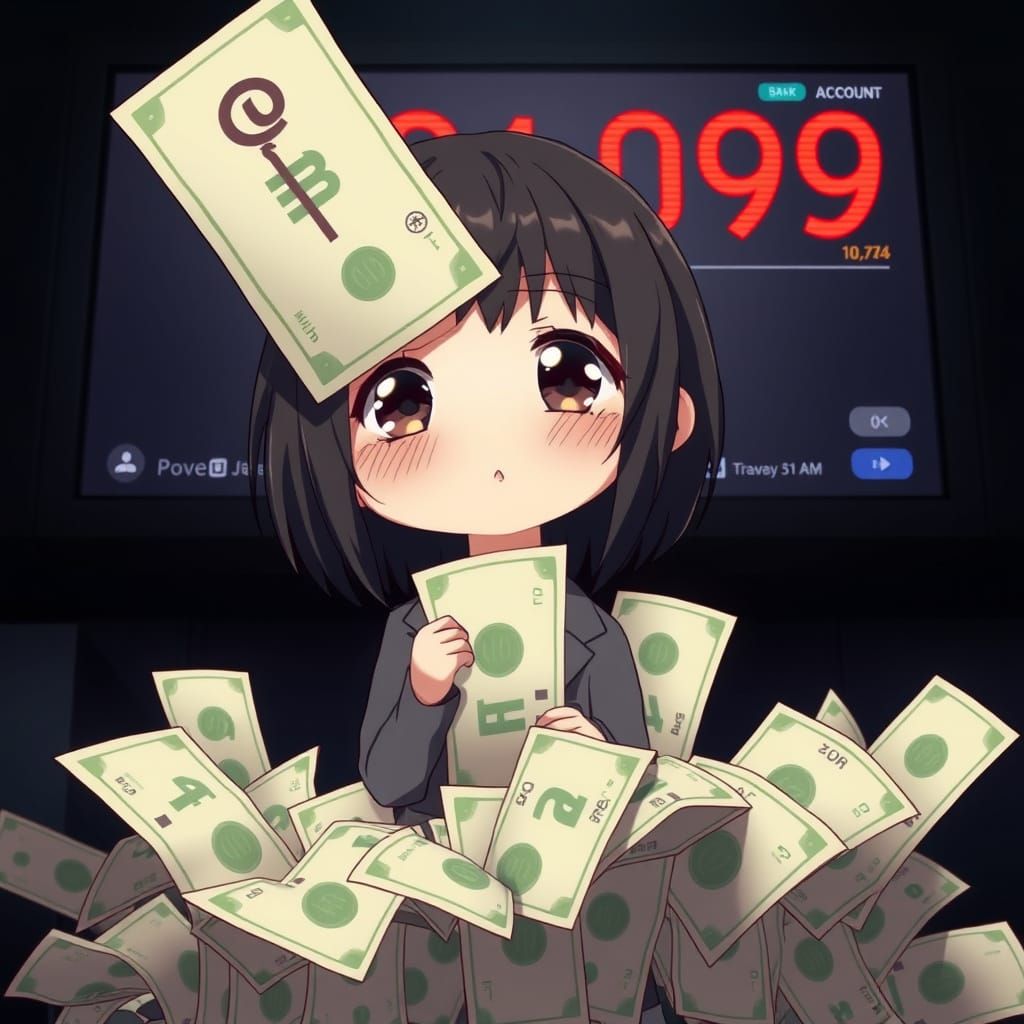 Chibi Woman Trapped by Financial Debt in Dark Night