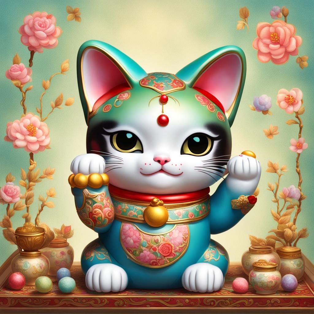 Colorful Maneki-Neko Cat Waving, Mark Ryden Style