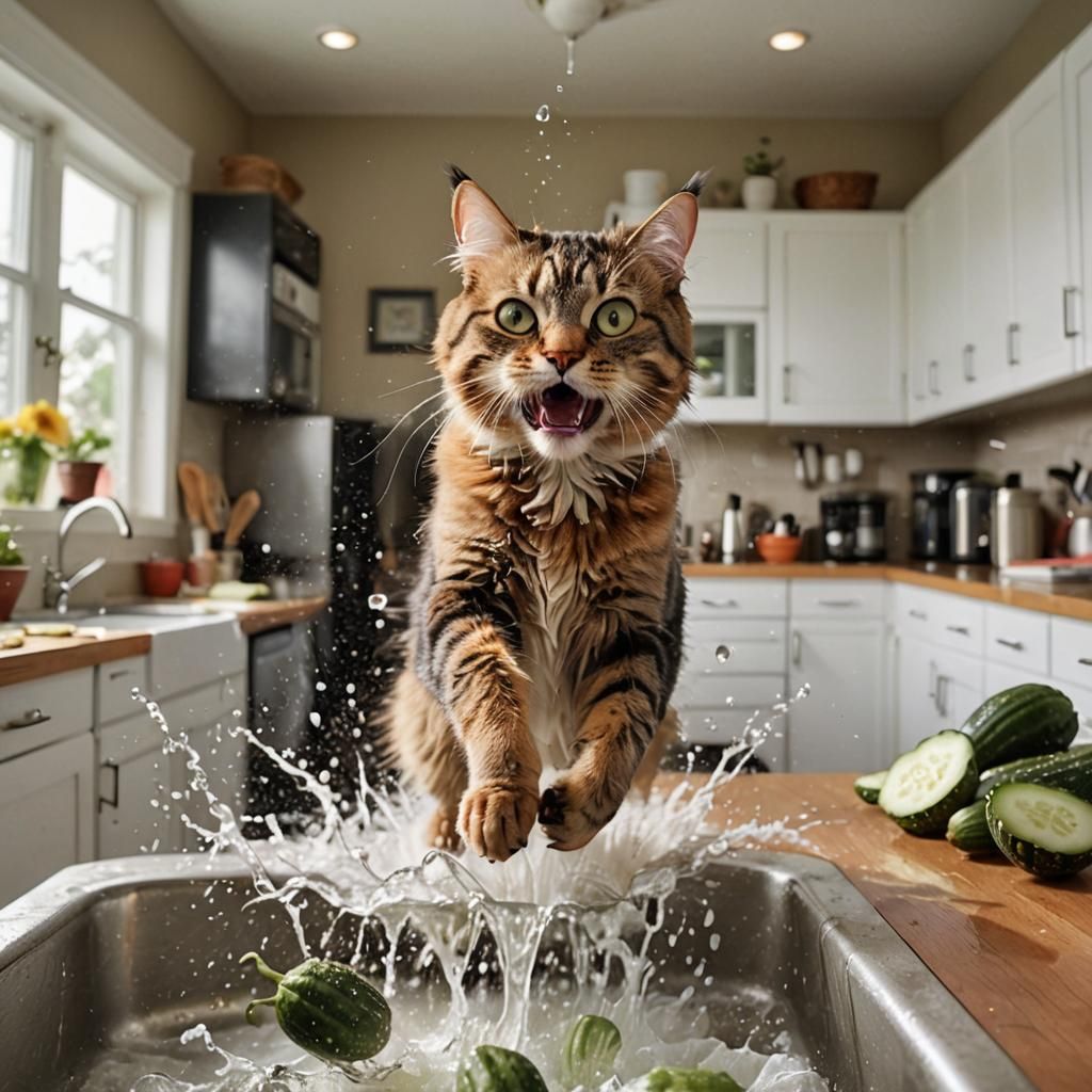 Frightened Cat Leaps from Menacing Cucumber