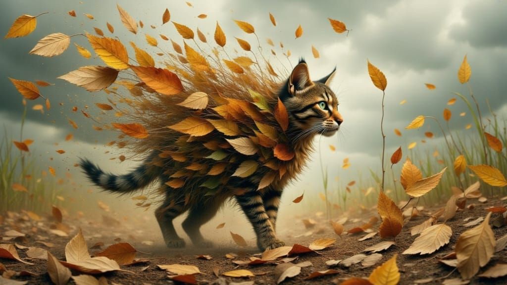 Surreal Autumn Goddess Kitten in Whirling Leaves
