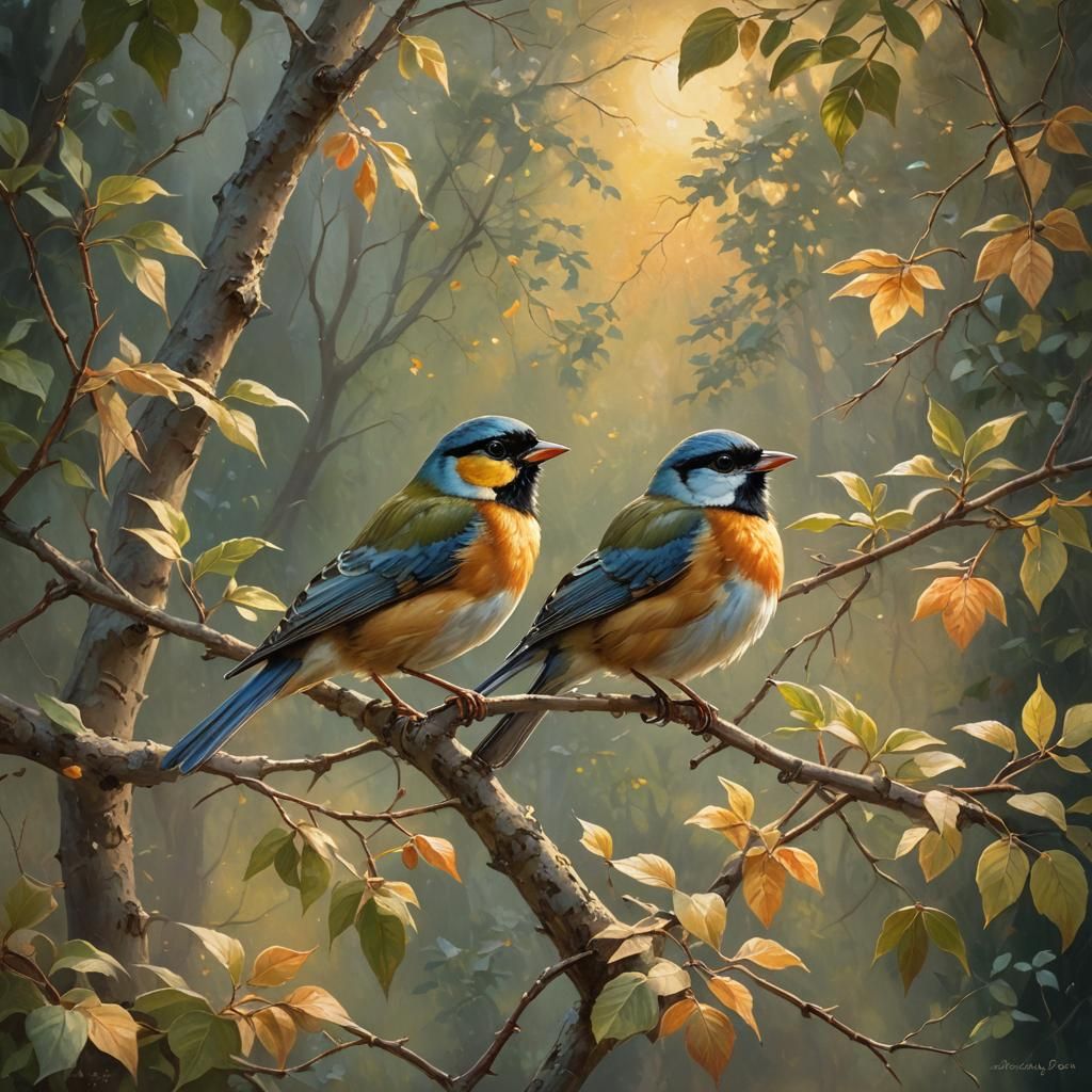 Songbirds in Golden Light: An Oil Painting