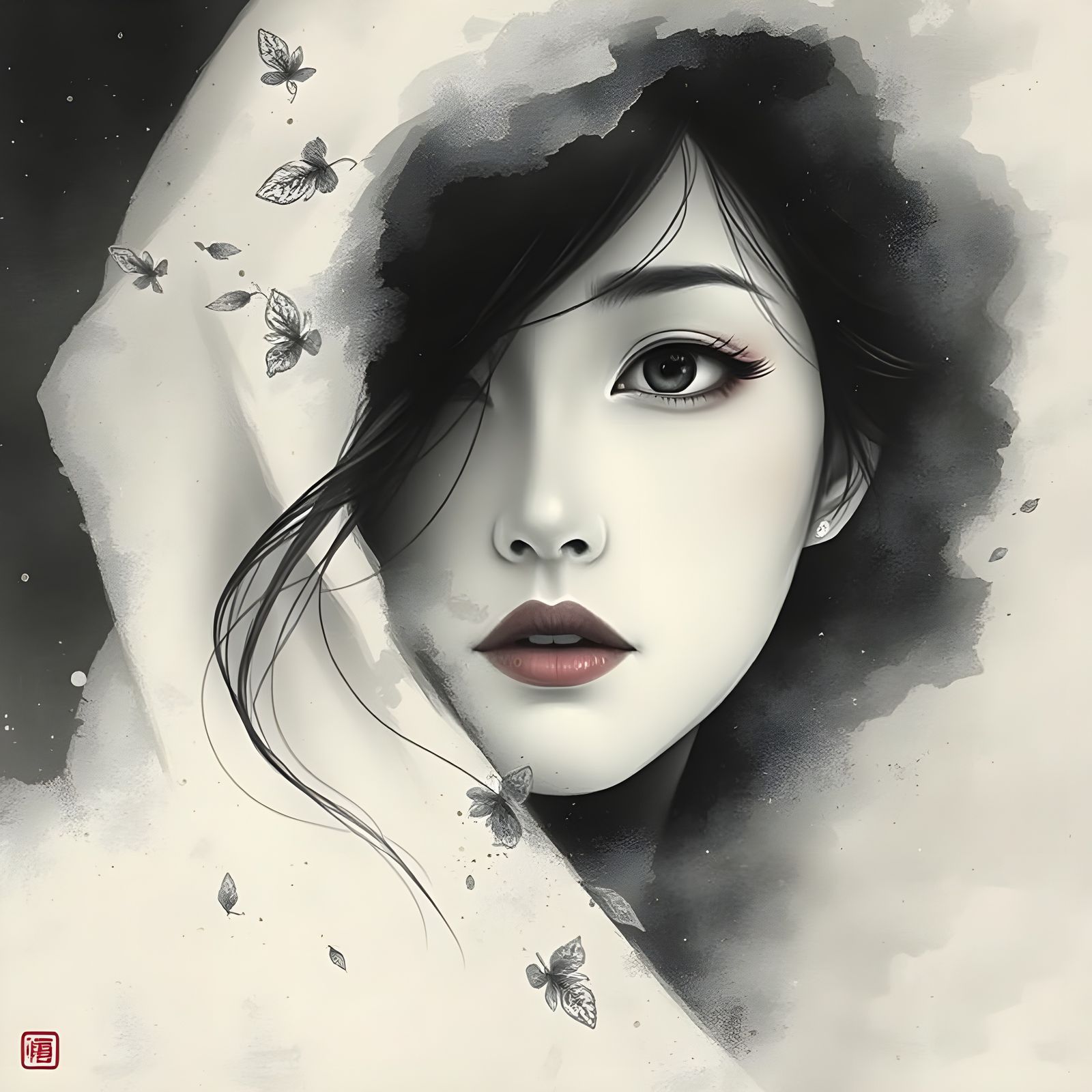 Asian Woman Portrait in Ukiyo-e Ink Style