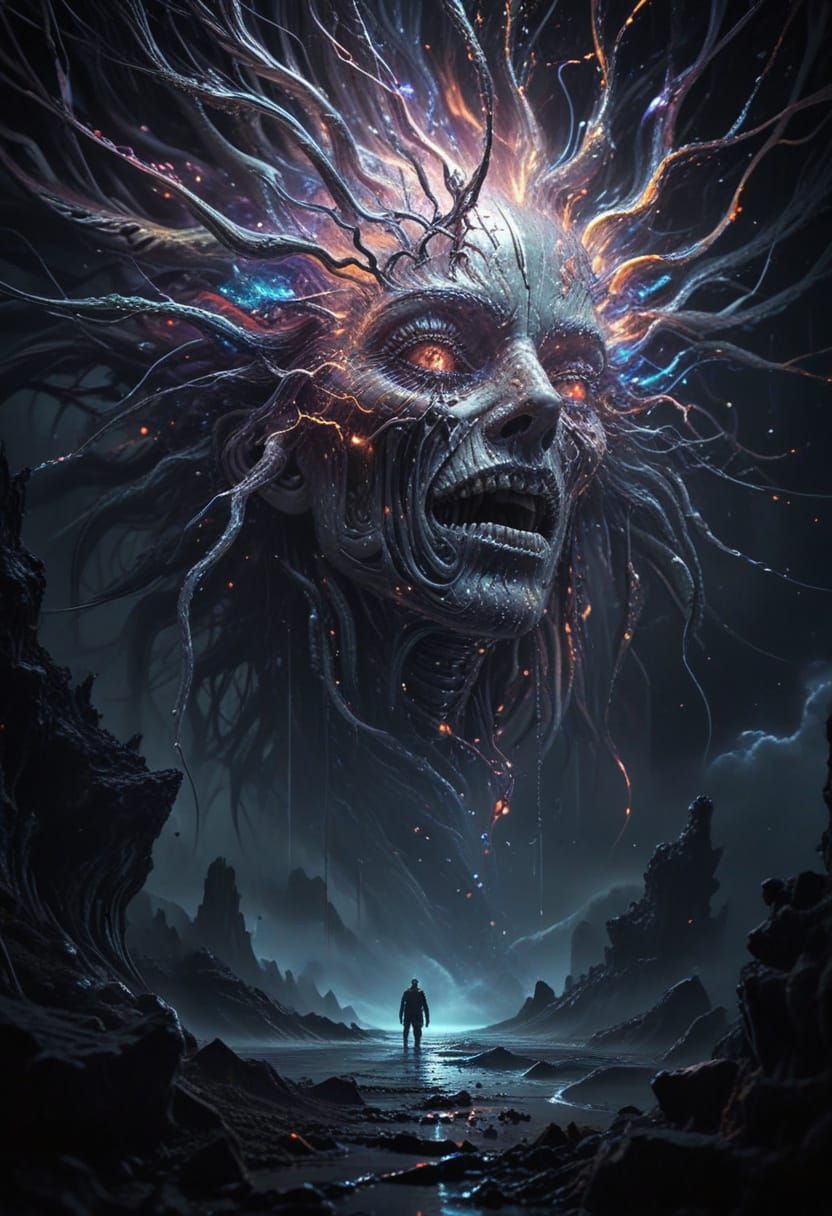 Surreal Digital Face Melts in a Swirling Vortex