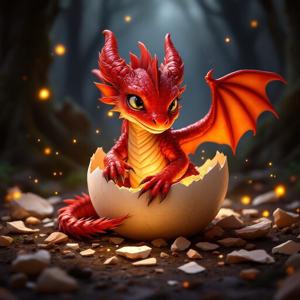 Mystical Red Dragon Emerges from Egg in a Dreamlike Forest