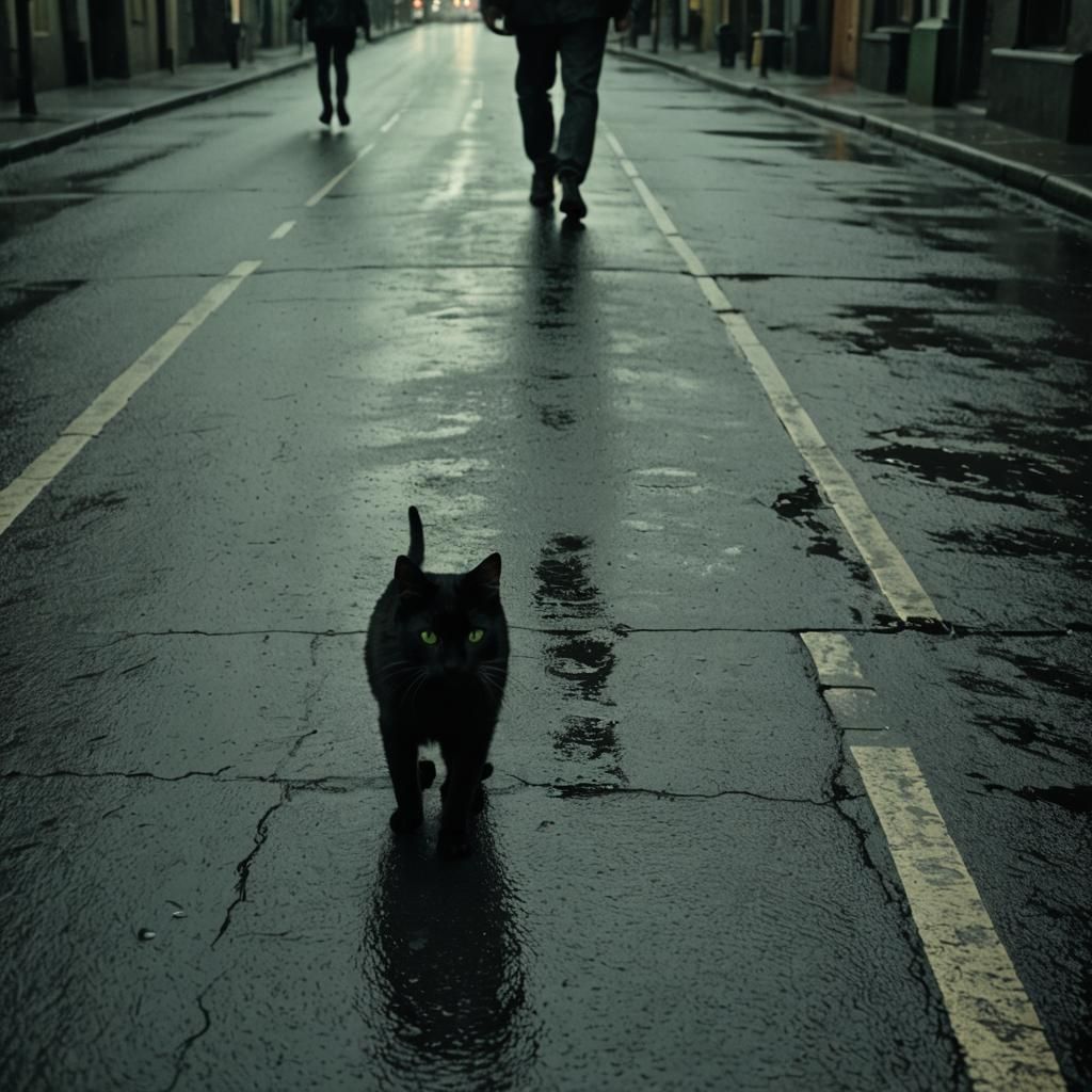 Ominous Black Cat Crossing in Noir Film Style
