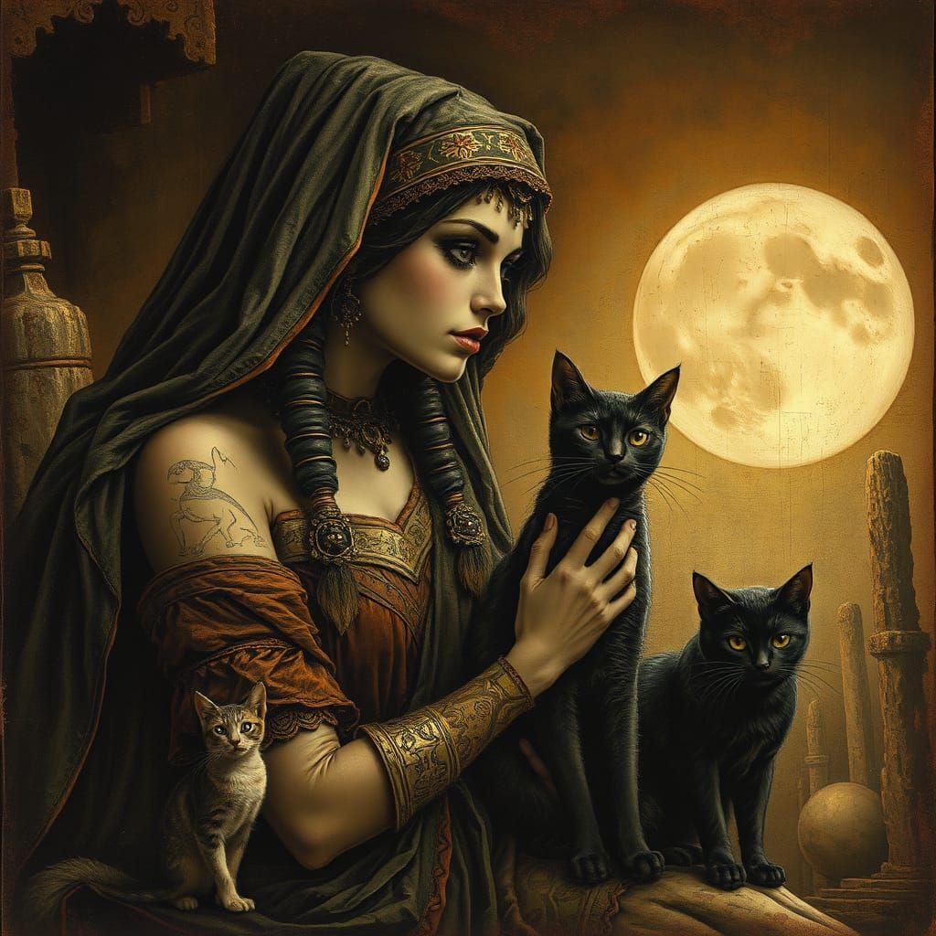 Egyptian Vampire in Graveyard: Encaustic Lace Portrait