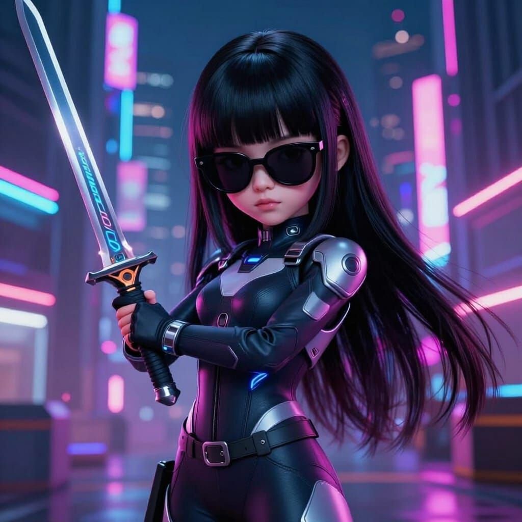 Futuristic Girl with Neon Sword in Cyberpunk City