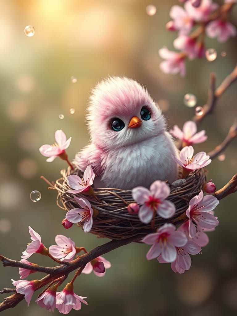 Cute Kawaii Baby Bird in Detailed Nest
