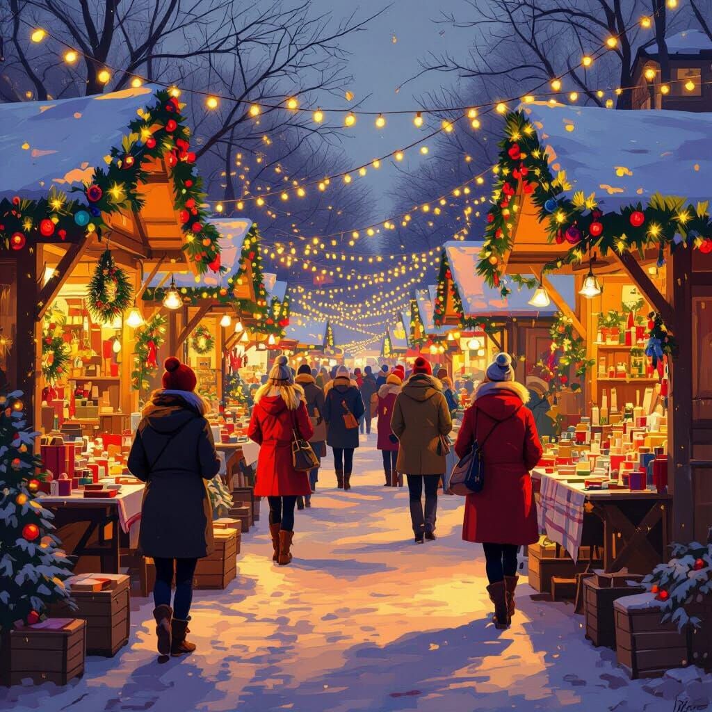 Christmas Flea Market Scene with Shoppers and Festive Lights