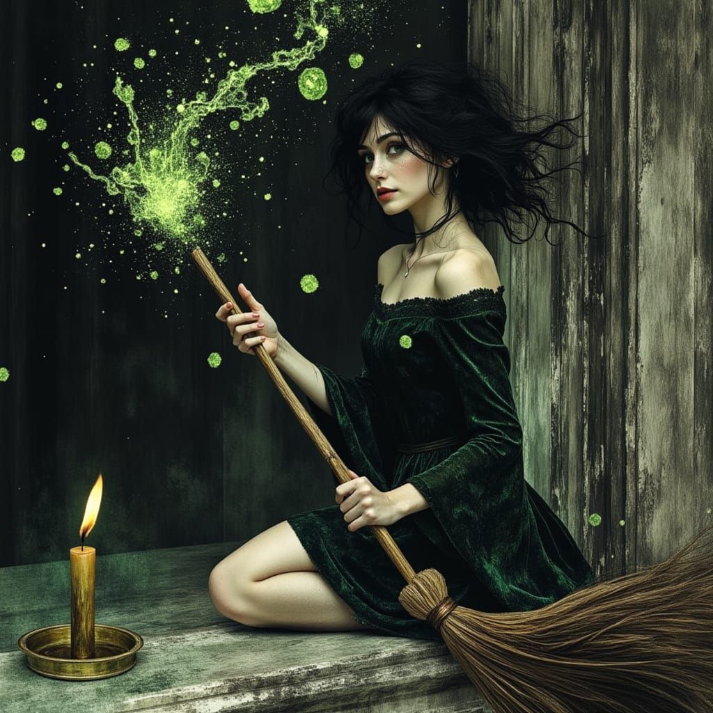 Fantasy Witch Illustration in Detailed Black and White Style