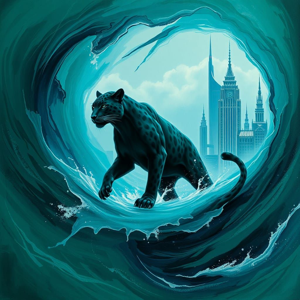 Leopard God Amidst Swirling Tides, in Abstract Style