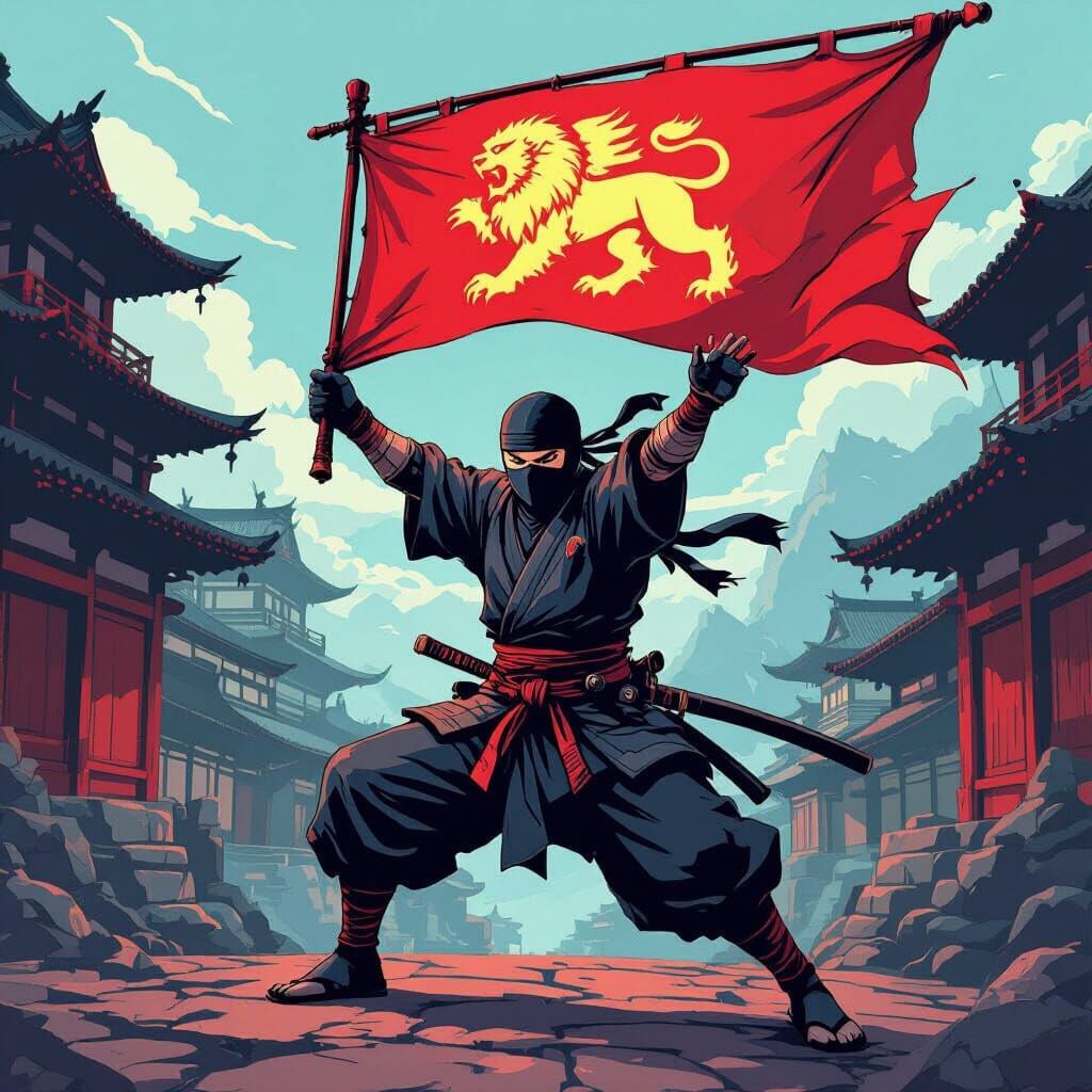 Ninja with Lion of León Banner in Graphic Novel Style