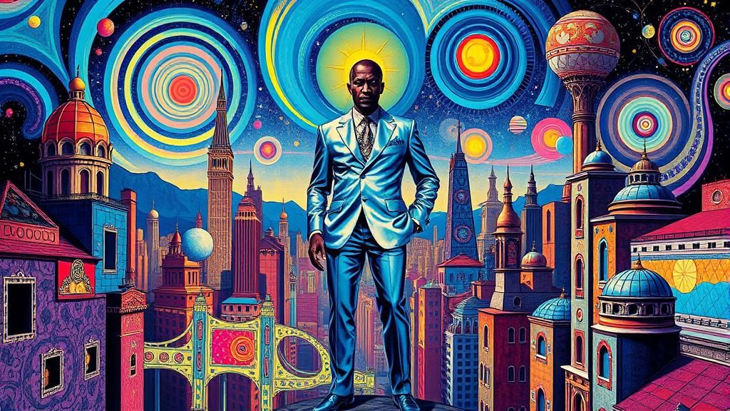 Sun Ra in Delft Blue Psychedelic Cityscape