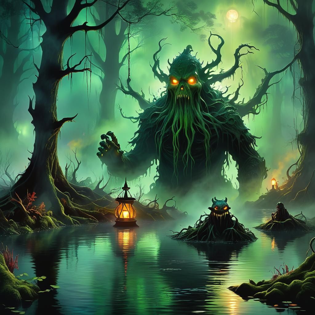 Haunted Swamp: Demonic Creatures in Chromatic Surrealism