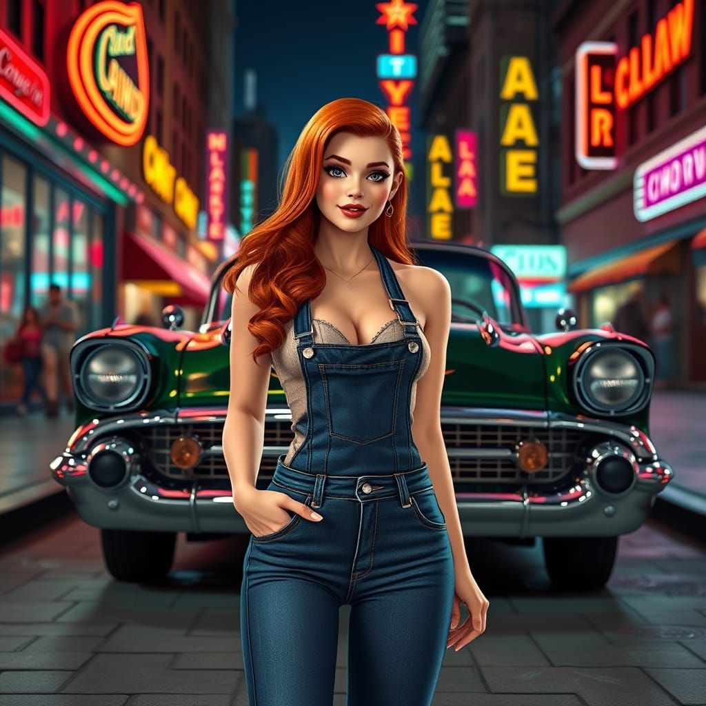 Vintage Pinup Girl in Retro Chevy 57, Neon City Street