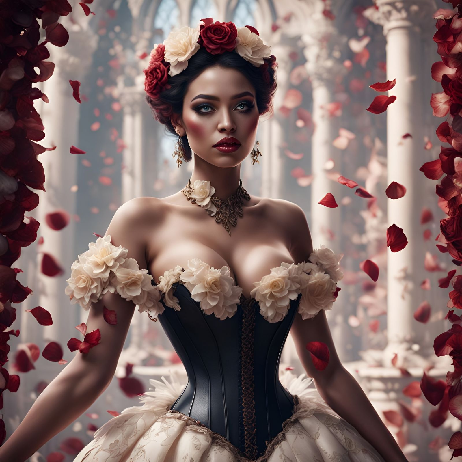 Doll-like Woman in Flower Petals, Detailed Digital Painting