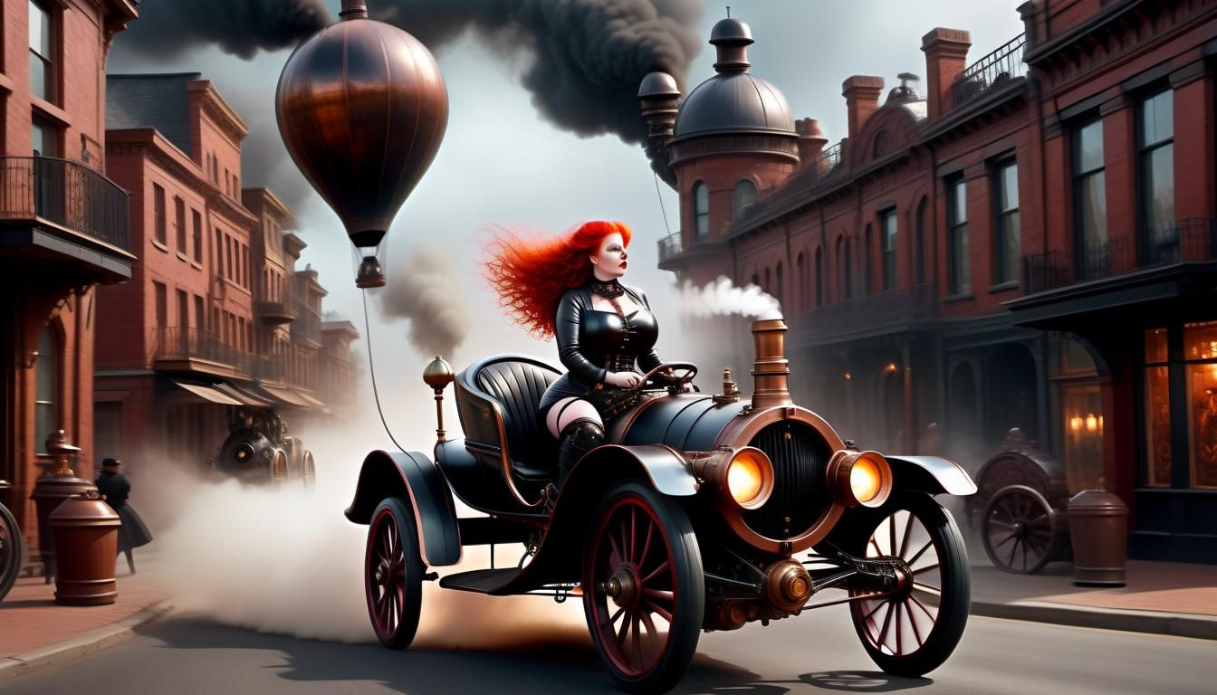 Steampunk Redhead Drives Steam-Powered Car: Cinematic Digita...