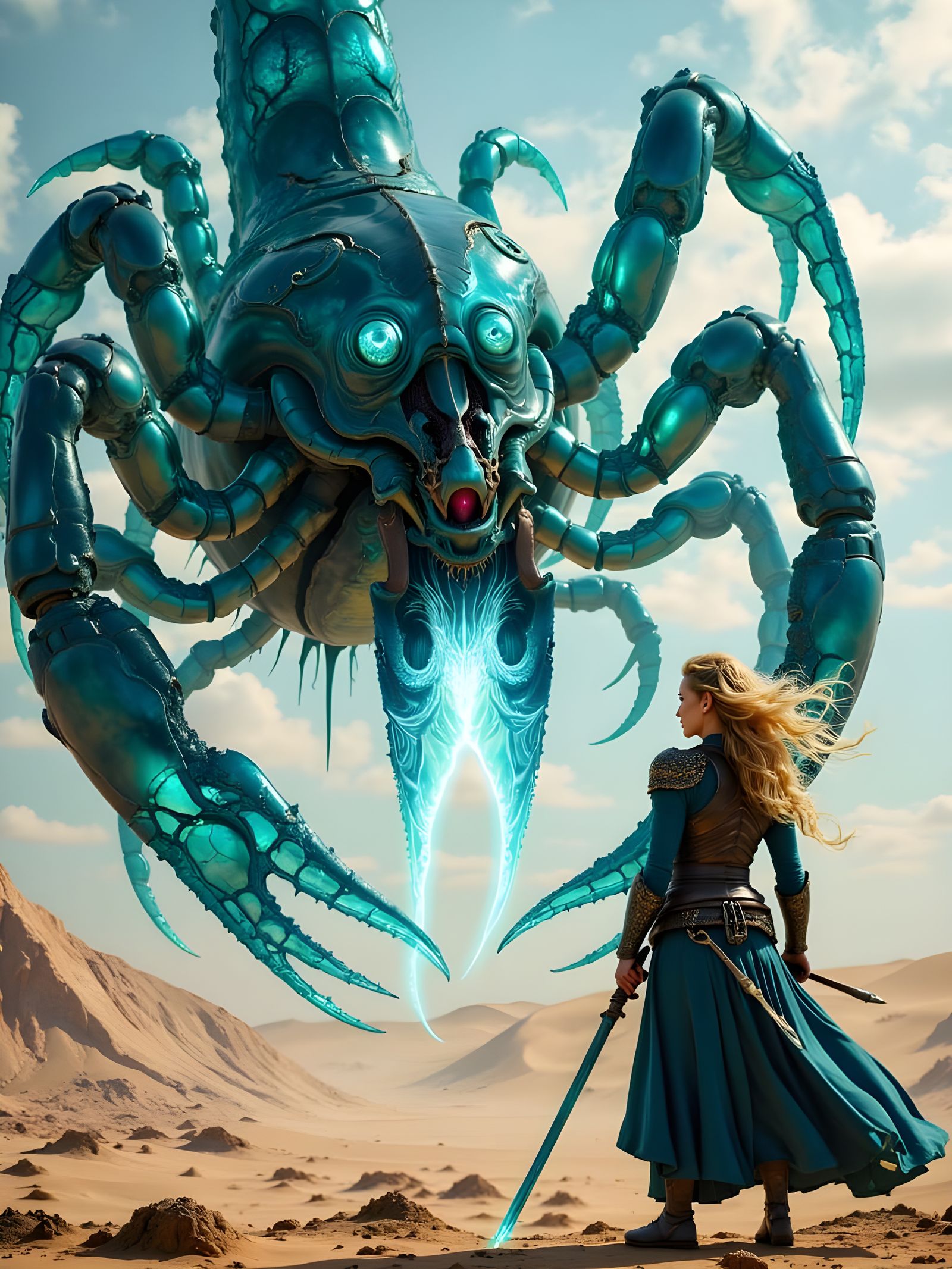 Ethereal Samurai Confronts Translucent Scorpion in Turquoise...