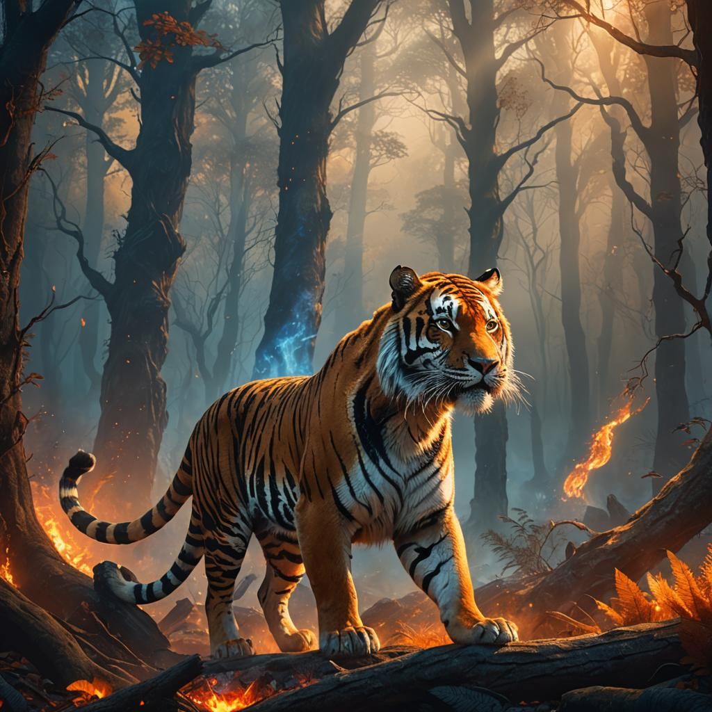 Mystical Fire Tiger in Ancient Forest: Digital Art