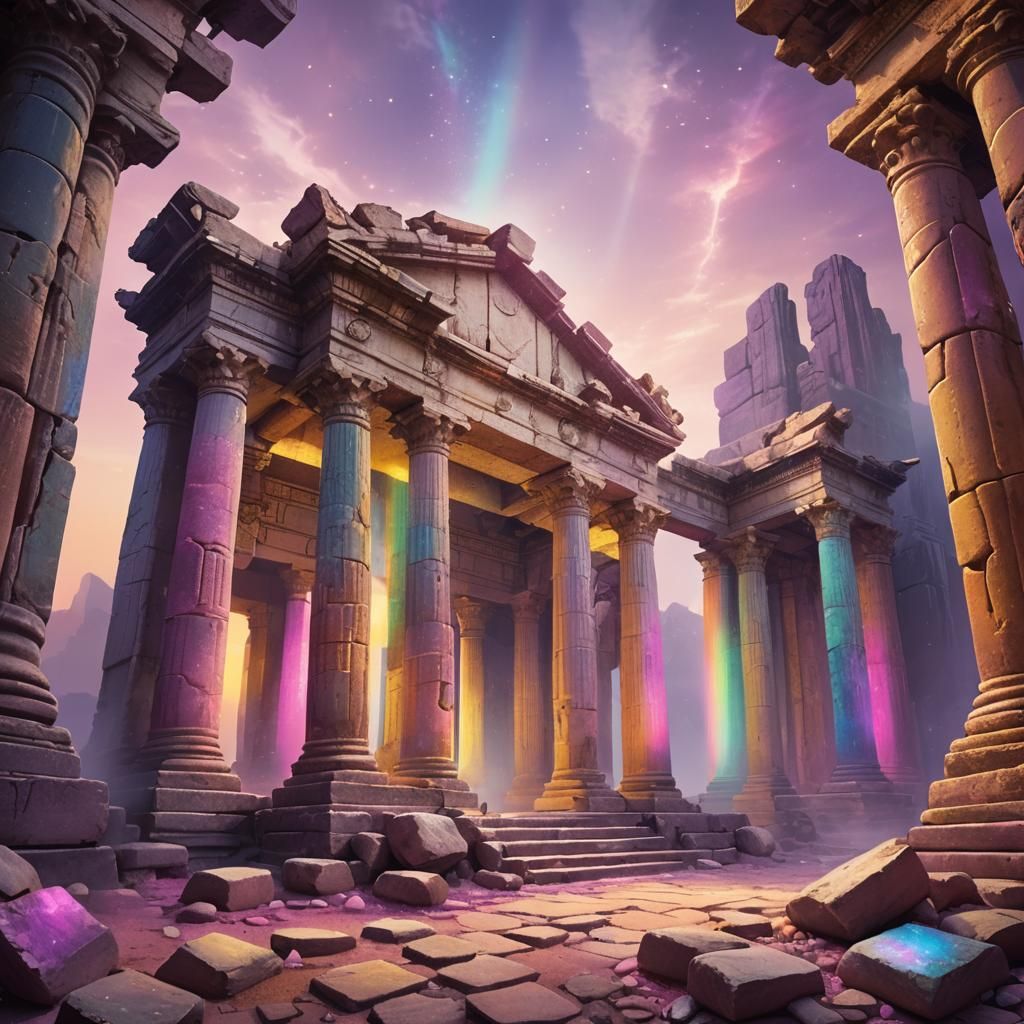 An ancient, crumbling temple bathed in the magical light of the setting sun, with its walls and columns glowing in all t...
