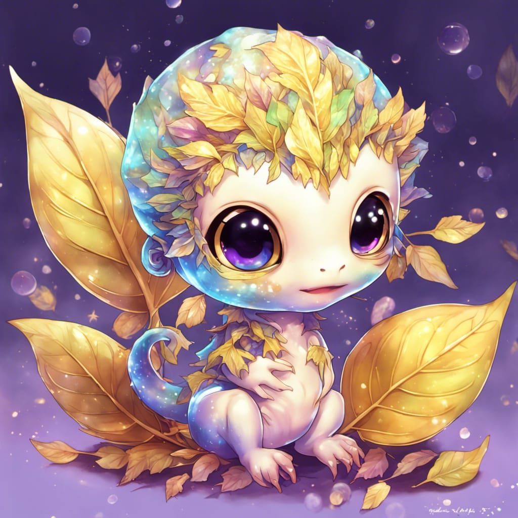 Chibi Leaf Creature Splashing in Bioluminescent Puddle