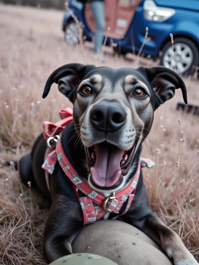 Brindle Dog Relaxing in a Vibrant Spring Field