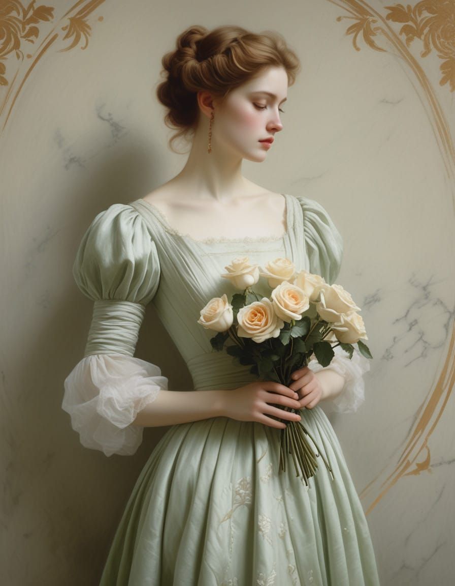 Ethereal Beauty in Pale Green Gown with Roses