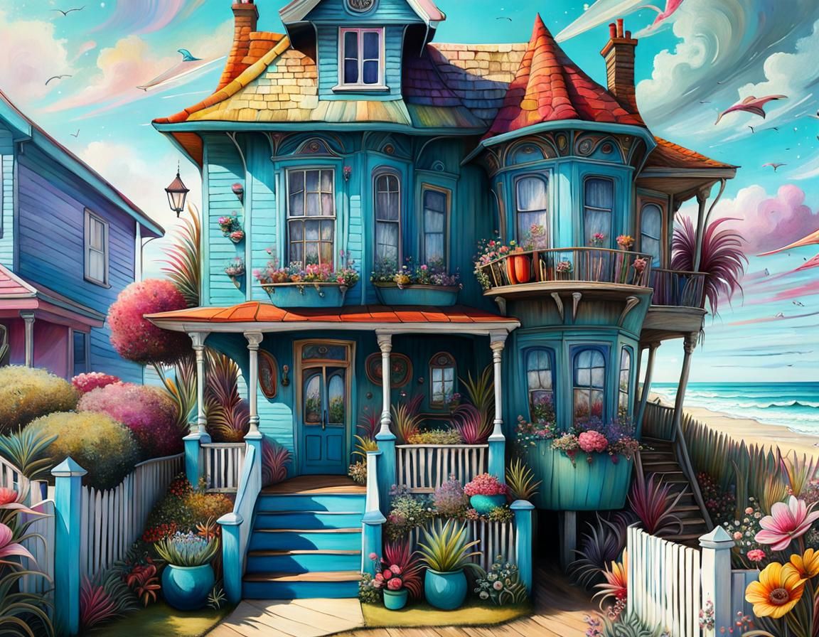 Whimsical Beach House in Pop Surrealism Style