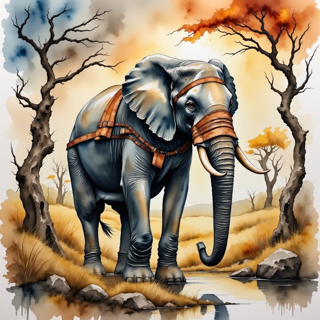 Whimsical elephant in worn leather harness and tattered cloth wrapped around its tusks