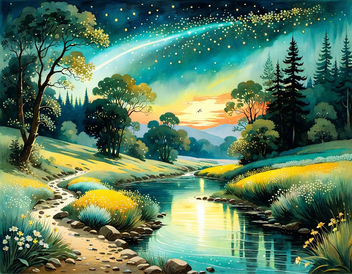 Luminescent Summer Night Fantasy Watercolor Illustration