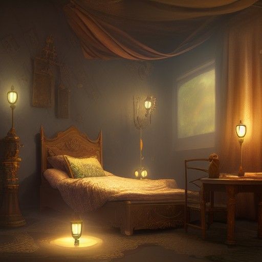 Fantasy Bedroom with Bedside Lamp in Detailed Matte Painting