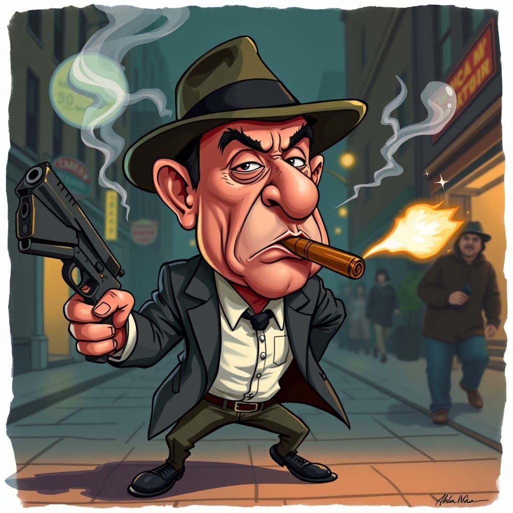 Animated Gangster Caricature Shooting in the Street