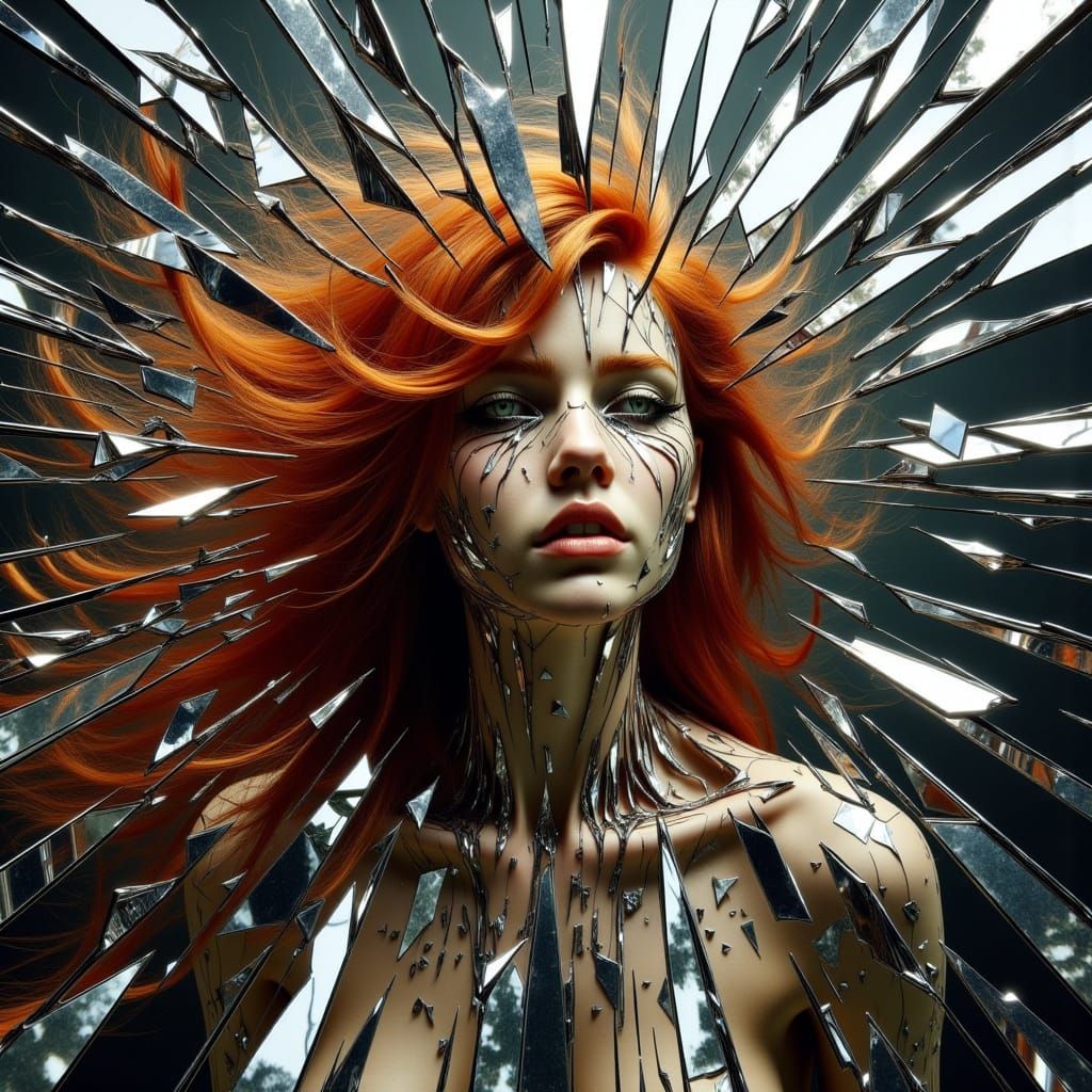 Surreal Melancholy Girl Amidst Shattered Mirror Shards