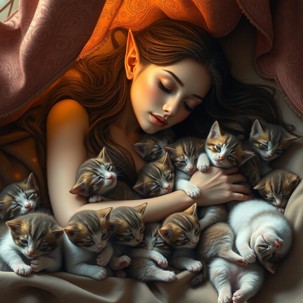 Serene Elf Maiden Surrounded by Whimsical Kittens in a Dream...